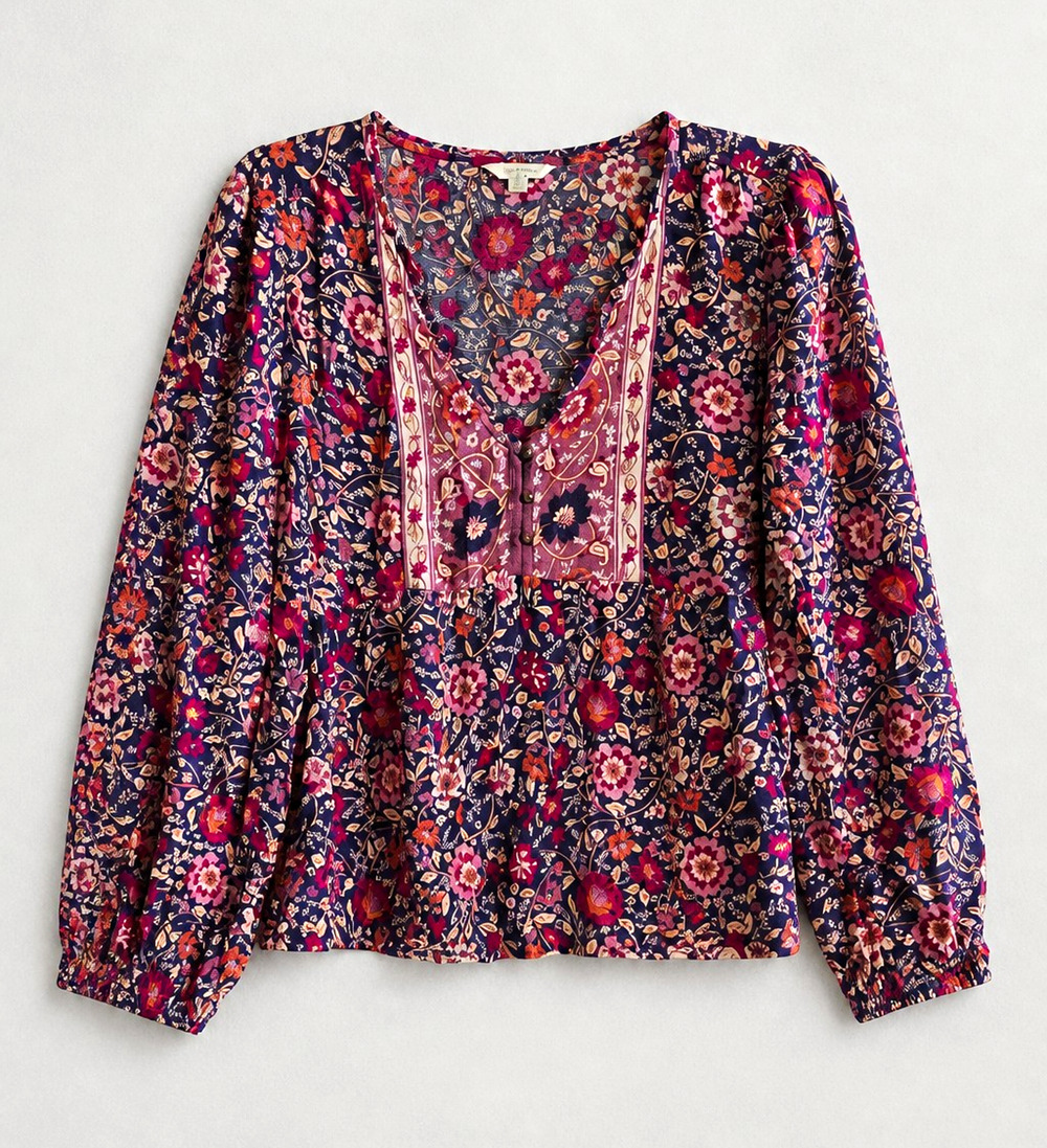 Floral Boho Peasant V-Neck Button Front Rayon Boho Chic Y2K Sexy Blouse L